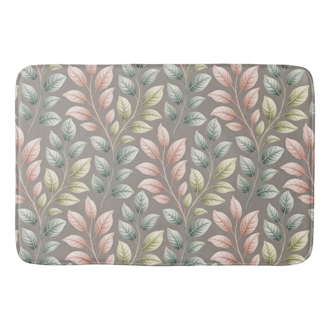Elegant Botanical Pink & Sage Leaf Pattern Bath Mat (Front)