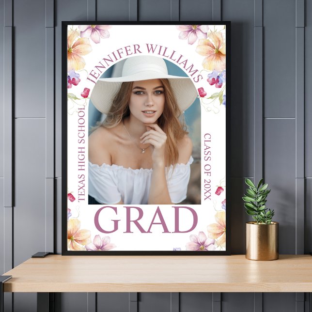 elegant botanical pink script photo graduate poster (Creator Uploaded)