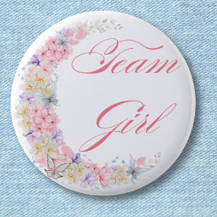 elegant botanical pink team girl baby shower chic 6 cm round badge