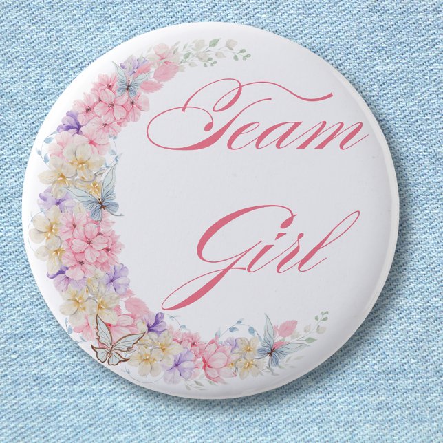 elegant botanical pink team girl baby shower chic 6 cm round badge (Creator Uploaded)