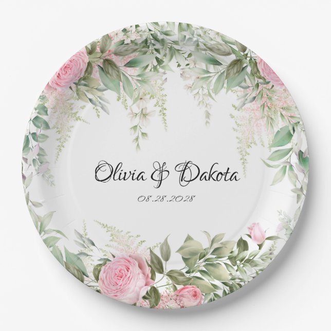 Elegant Botanical Pink Wisteria Floral Wedding Paper Plate (Front)