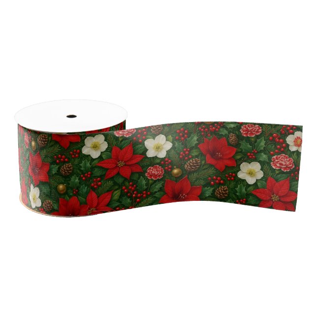 Elegant Botanical Poinsettia Floral Art Pattern Grosgrain Ribbon (Spool)