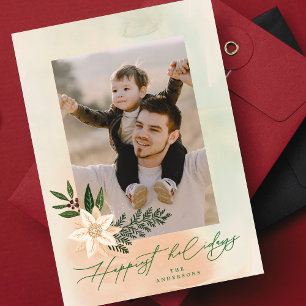 Elegant Botanical Poinsettia Photo Happiest Holiday Card