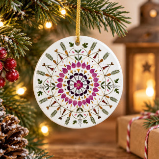 Elegant Botanical Pressed Flower Mandala Christmas Ceramic Tree Decoration
