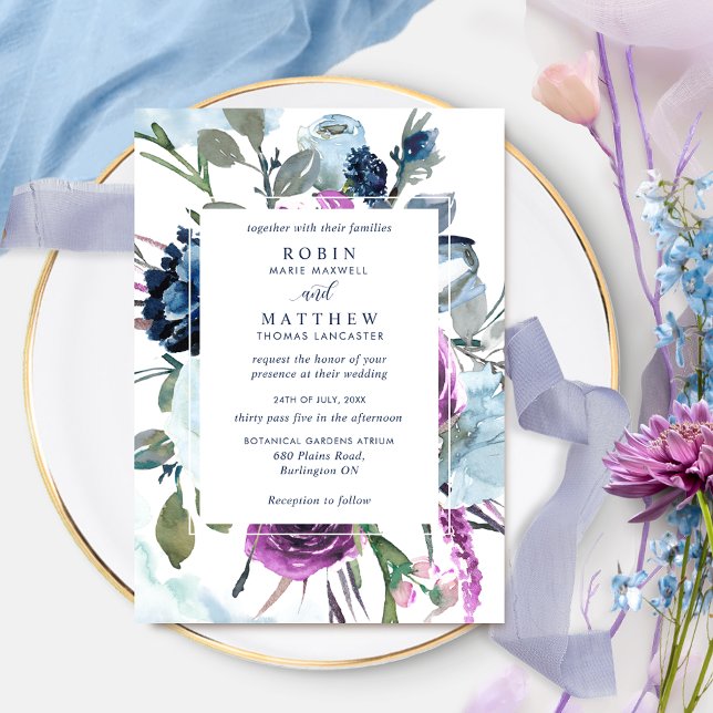 Elegant Botanical Purple and Blue Floral Wedding Invitation (Creator Uploaded)