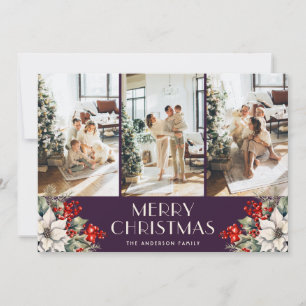 Elegant Botanical Purple Photo Collage Christmas Holiday Card
