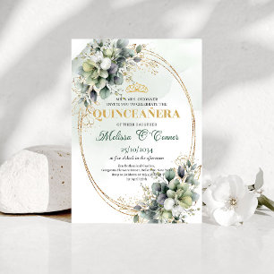 Elegant Botanical Quinceañera Green Gold Invitatio Invitation
