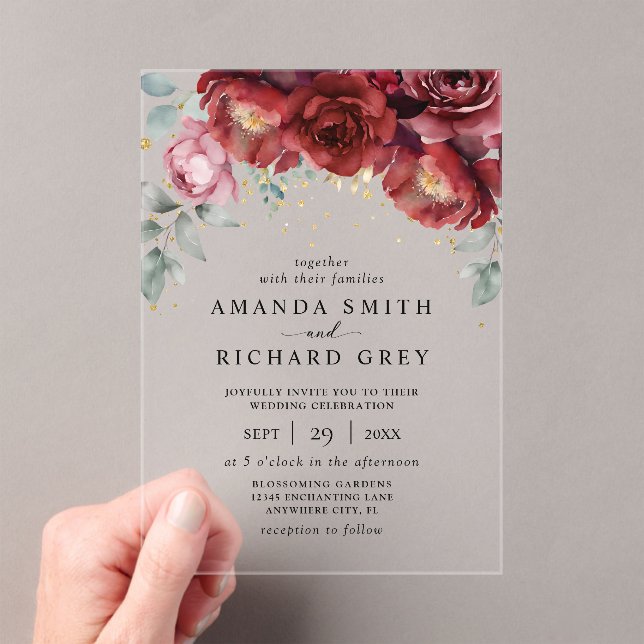 Elegant Botanical Red and Gold Floral Wedding Acrylic Invitations (Insitu (Handheld))
