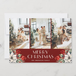 Elegant Botanical Red Photo Collage Christmas Holiday Card