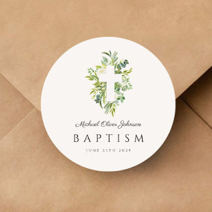 Elegant Botanical Religious Cross Baptism Classic Round Sticker