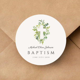 Elegant Botanical Religious Cross Baptism Classic Round Sticker