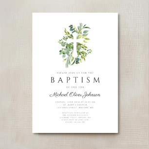 Elegant Botanical Religious Cross Baptism Invitation