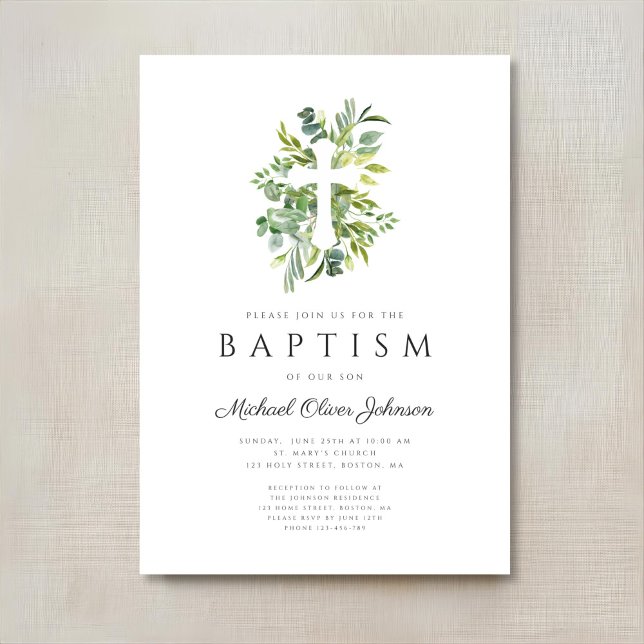 Elegant Botanical Religious Cross Baptism Invitation (Elegant Botanical Religious Cross Baptism Invitation)