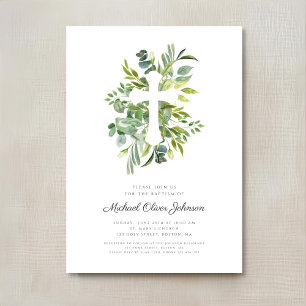 Elegant Botanical Religious Cross Baptism Invitation