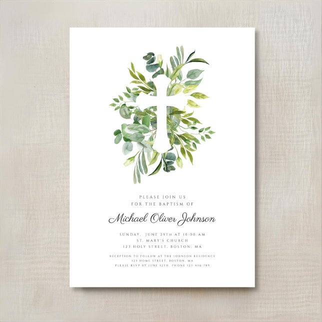 Elegant Botanical Religious Cross Baptism Invitation (Elegant Botanical Religious Cross Baptism Invitation)