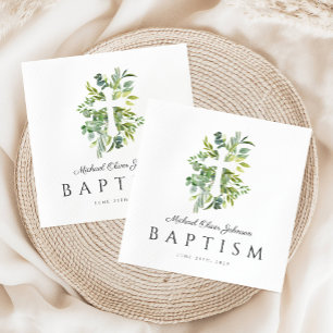 Elegant Botanical Religious Cross Baptism Napkin