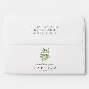 Elegant Botanical Religious Cross Green Baptism Envelope