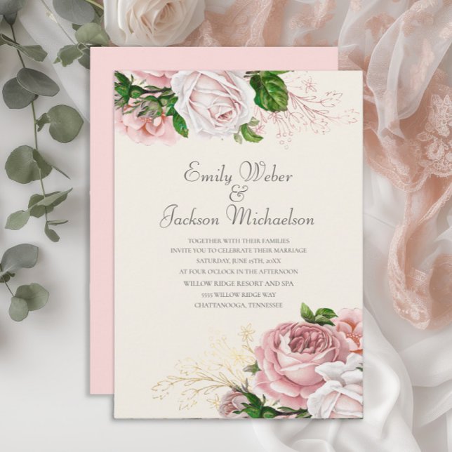 Elegant Botanical Roses Pink Floral Cream Wedding Invitation (Blush pink vintage floral wedding invitatio with elegant script)