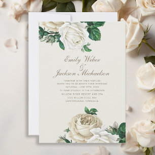 Elegant Botanical Roses White Floral Cream Wedding Invitation