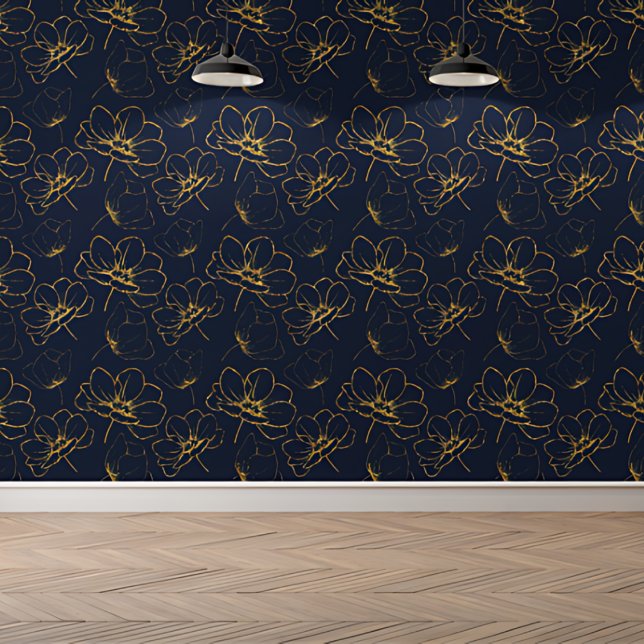 Elegant Botanical Royal Blue Gold Floral Pattern Wallpaper (Creator Uploaded)
