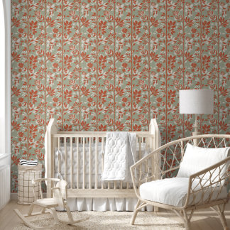 Elegant Botanical Sage Coral Poetic Floral Art Wallpaper