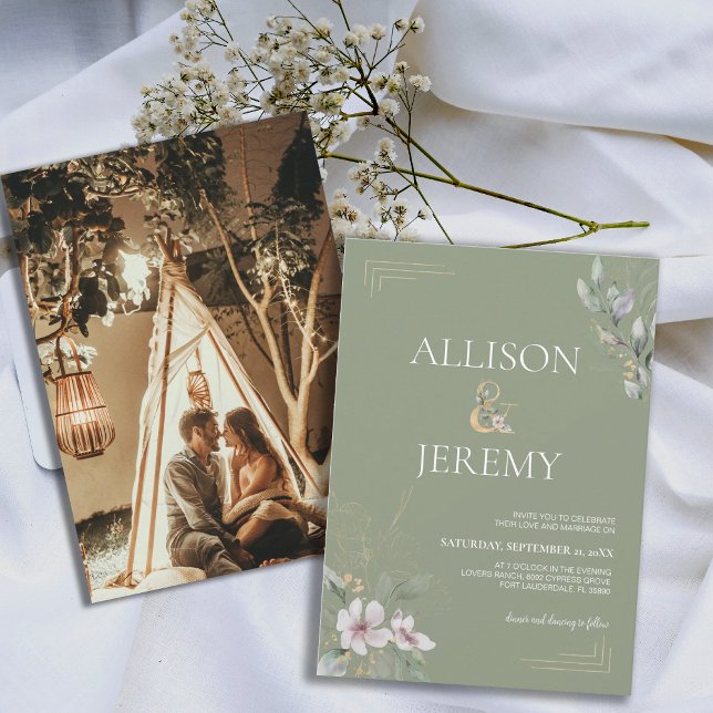 Elegant Botanical Sage Green Gold Wedding Invite (Sage Green Botanical Spring Wedding Invite)