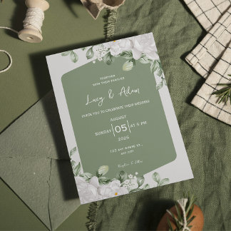 Elegant botanical Sage Green White Floral Wedding Invitation