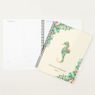 Elegant Botanical Seahorse   Sandy Beige Planner