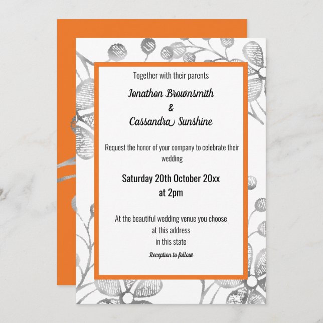 ELEGANT BOTANICAL SILVER GRAY WHITE ORANGE WEDDING INVITATION (Front/Back)
