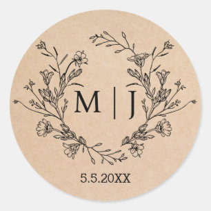 elegant botanical simple monogram wedding kraft classic round sticker