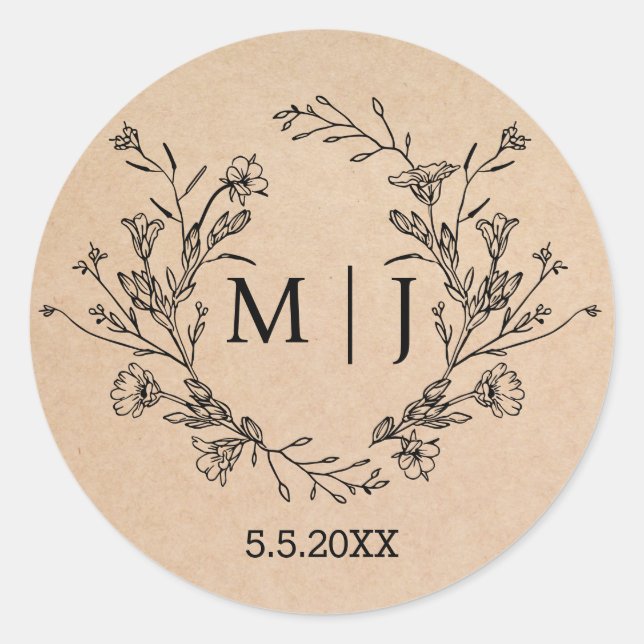 elegant botanical simple monogram wedding kraft classic round sticker (Front)