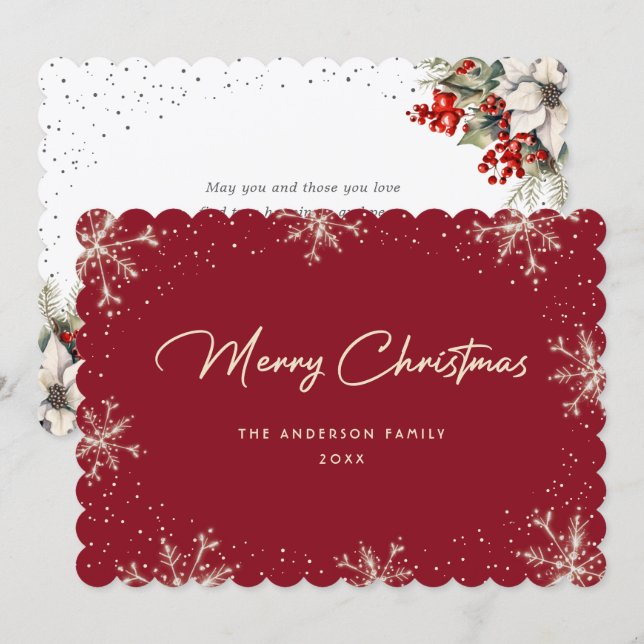 Elegant Botanical Snowflake Red Christmas Card (Front/Back)