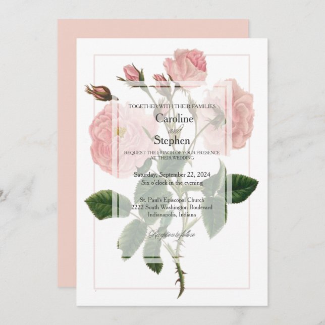 Elegant Botanical Soft Pink Rose Wedding Invitation (Front/Back)