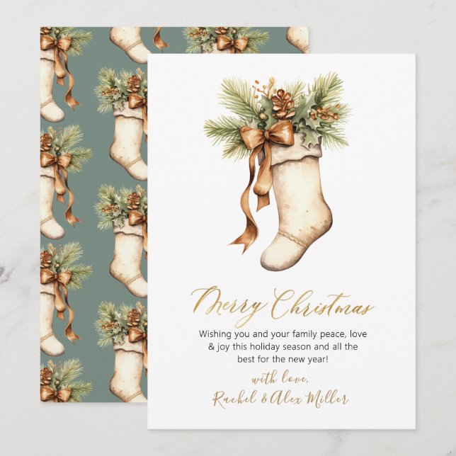 Elegant Botanical Stocking Non Photo Christmas Holiday Card (Front/Back)
