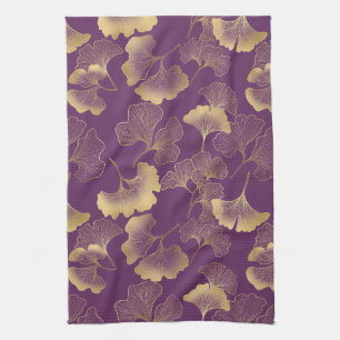 Elegant Botanical Teal Leaves with Gold Highlights Tea Towel