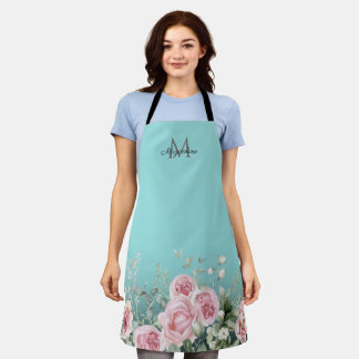Elegant Botanical Turquoise Script Name Monogram Apron
