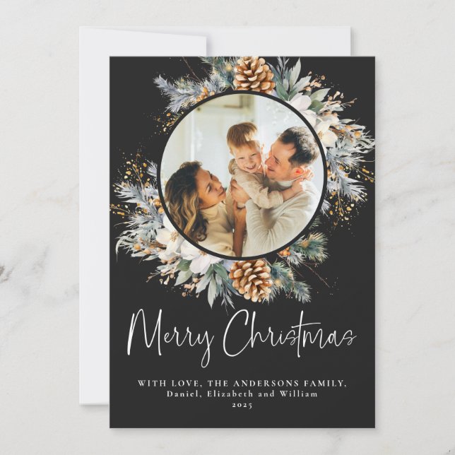 Elegant Botanical Typography | Black Christmas Holiday Card (Front)