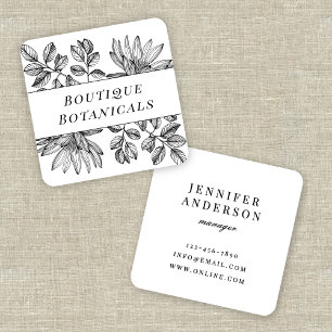 Elegant Botanical Vintage Typography Black White Square Business Card