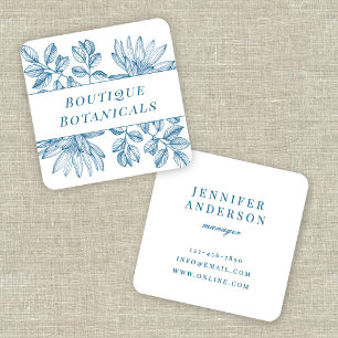 Elegant Botanical Vintage Typography Blue White Square Business Card