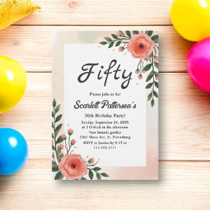 Elegant Botanical Watercolor Floral 50th Birthday Invitation