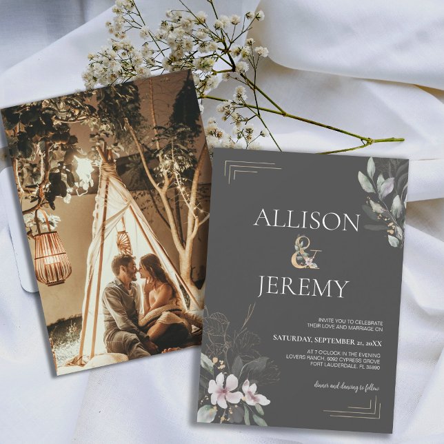 Elegant Botanical Watercolor Floral Wedding Invite (charcoal gold botanical greenery spring wedding invite)