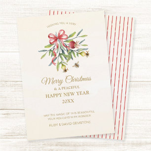 Elegant Botanical Watercolor Greenery Red Bow Holiday Card