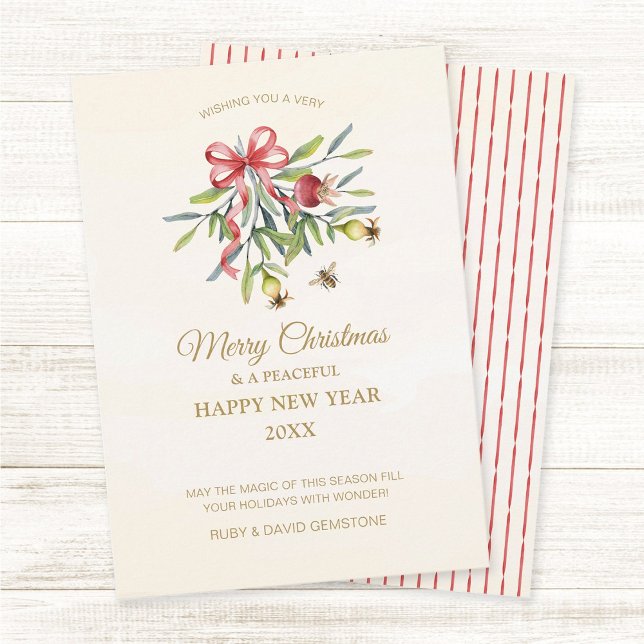 Elegant Botanical Watercolor Greenery Red Bow Holiday Card (Elegant watercolor greenery holiday Christmas greeting card with pomegranate leaves, fruits, red bow)