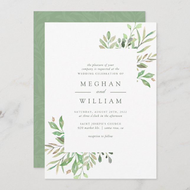 Elegant Botanical Watercolor Greenery Wedding Invitation (Front/Back)