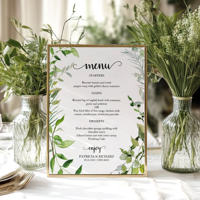 Elegant Botanical Watercolor Greenery Wedding Menu Poster (Creator Uploaded)