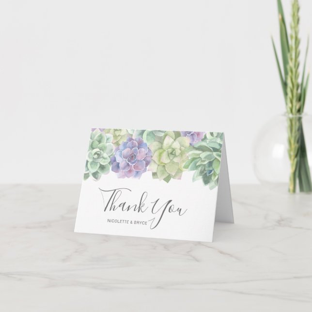 Elegant Botanical Watercolor Succulents Wedding Thank You Card (Front)