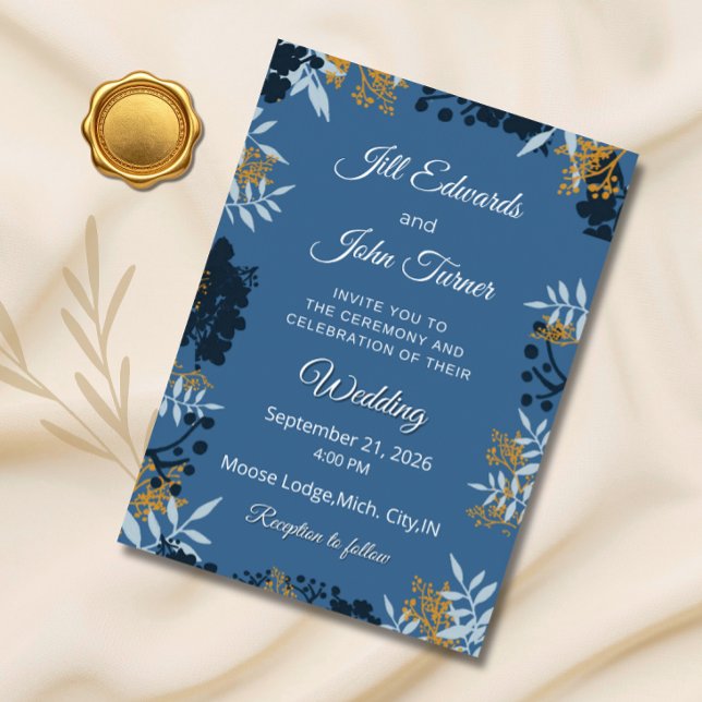 Elegant Botanical Wedding Invitation Blue  (Creator Uploaded)