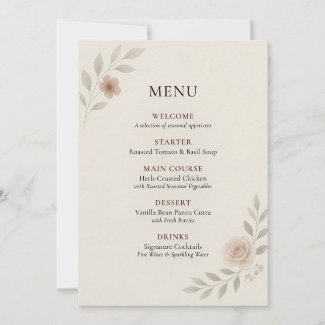 Elegant Botanical Wedding Menu Card (Front)