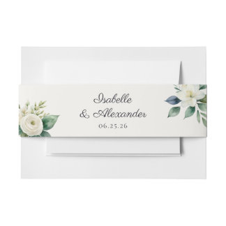 Elegant Botanical White Floral Custom Wedding Invitation Belly Band