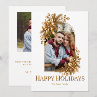 Elegant Botanical White & Gold Holiday 2 Photo Invitation